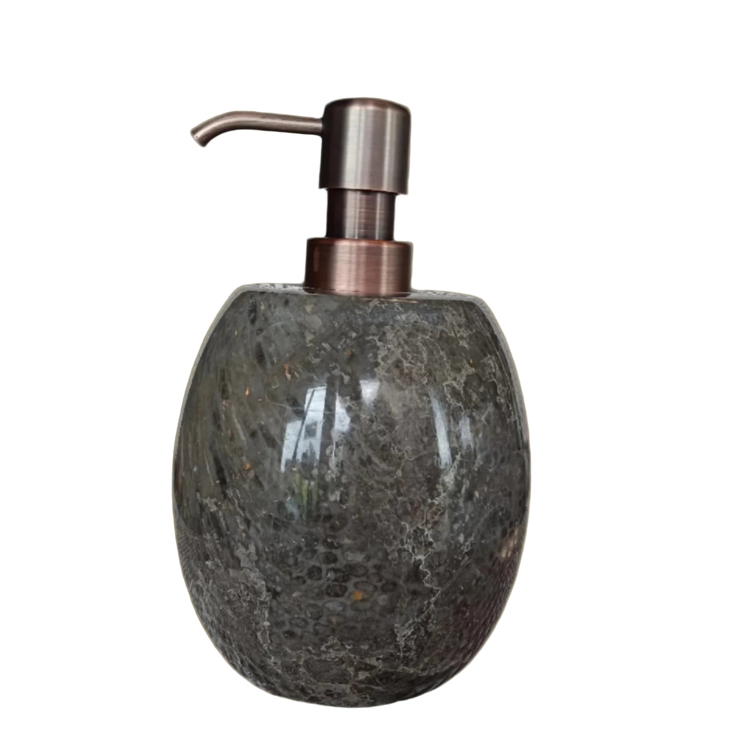 Soap dispenser with bronze pump and stone-like body.