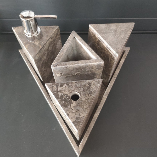Bathroom Counter Top Amenities Set- Triangle Collection. Grey Marble.
