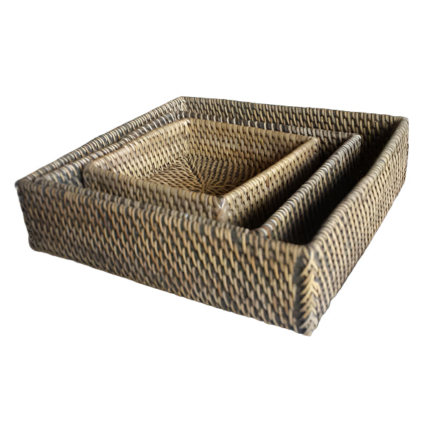 Square Amenities Tray Set 3pcs Black Rattan