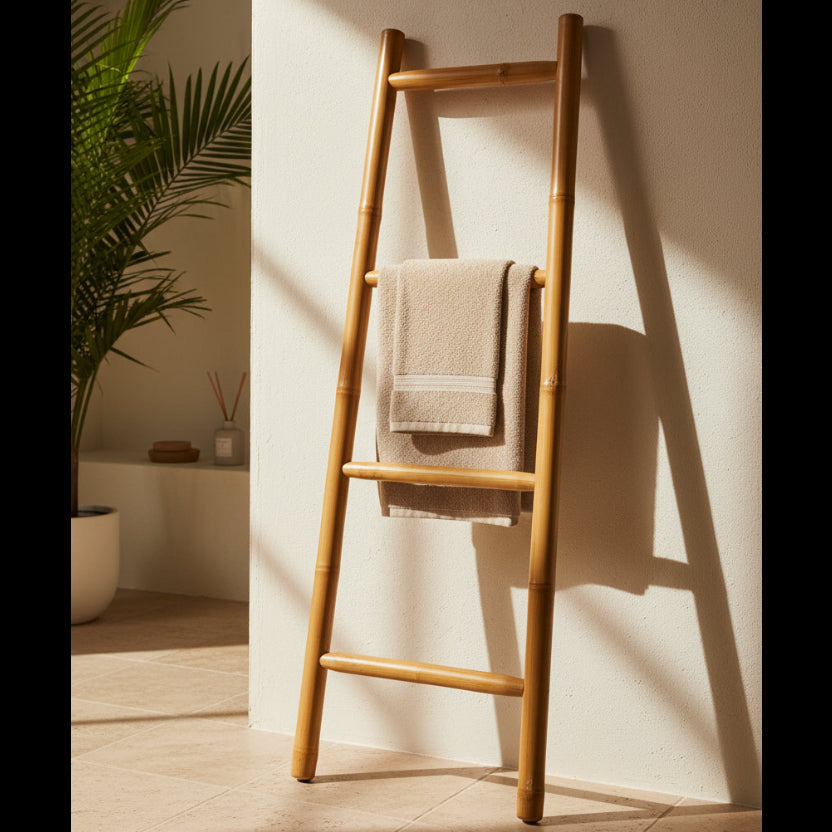 Natural bamboo A-frame ladder shelf for tropical interior, Phuket