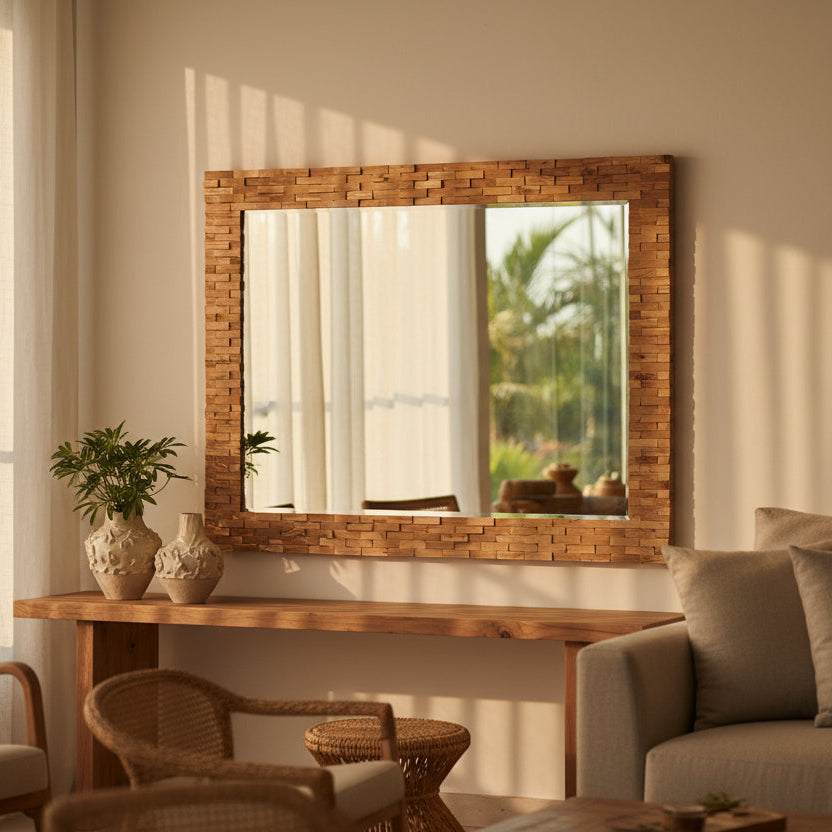 Natural rectangular mirror frame in rattan for tropical villa interior, Phuket