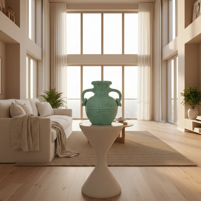 Green decorative vase for villa styling accent, tropical interior Phuket