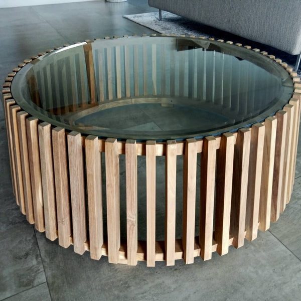 Slatted Teak Coffee Table with Glass Top