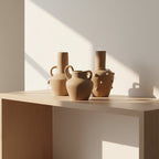Wooden table with ceramic vases in a bright room with natural light
