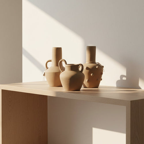 Wooden table with ceramic vases in a bright room with natural light