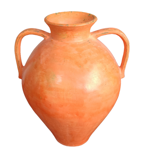 Terracotta vase with two handles on a white background