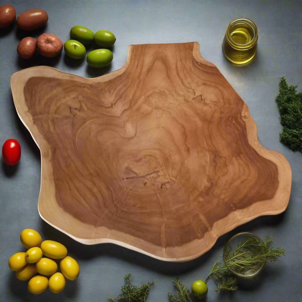 Crafted for a teak tree trunk, givng the server board a live edge.