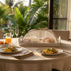 Hotel Dining table set with rectangle bamboo food tray, glasses.