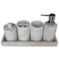 Beige marble bathroom set with four containers and a pump dispenser on a white background