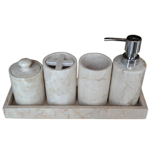 Beige marble bathroom set with four containers and a pump dispenser on a white background