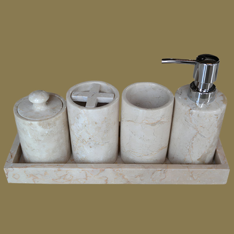 Beige marble bathroom set with four containers and a pump dispenser on a white background