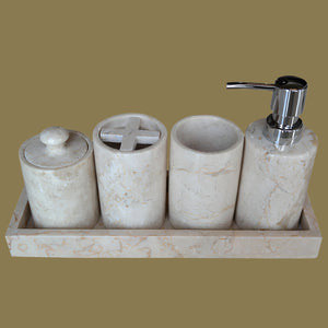 Beige marble bathroom set with four containers and a pump dispenser on a white background