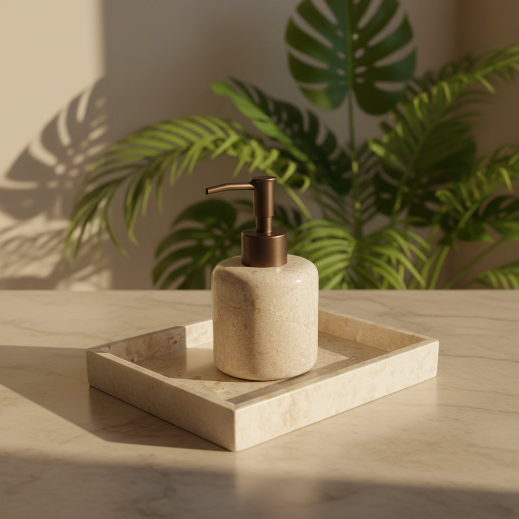 Marble soap dispenser on a matching tray with stone wall background