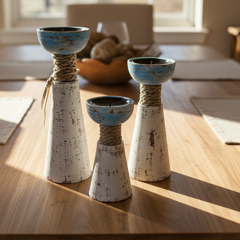 Handcrafted Wooden Candle Holder Set — 3 Pieces
