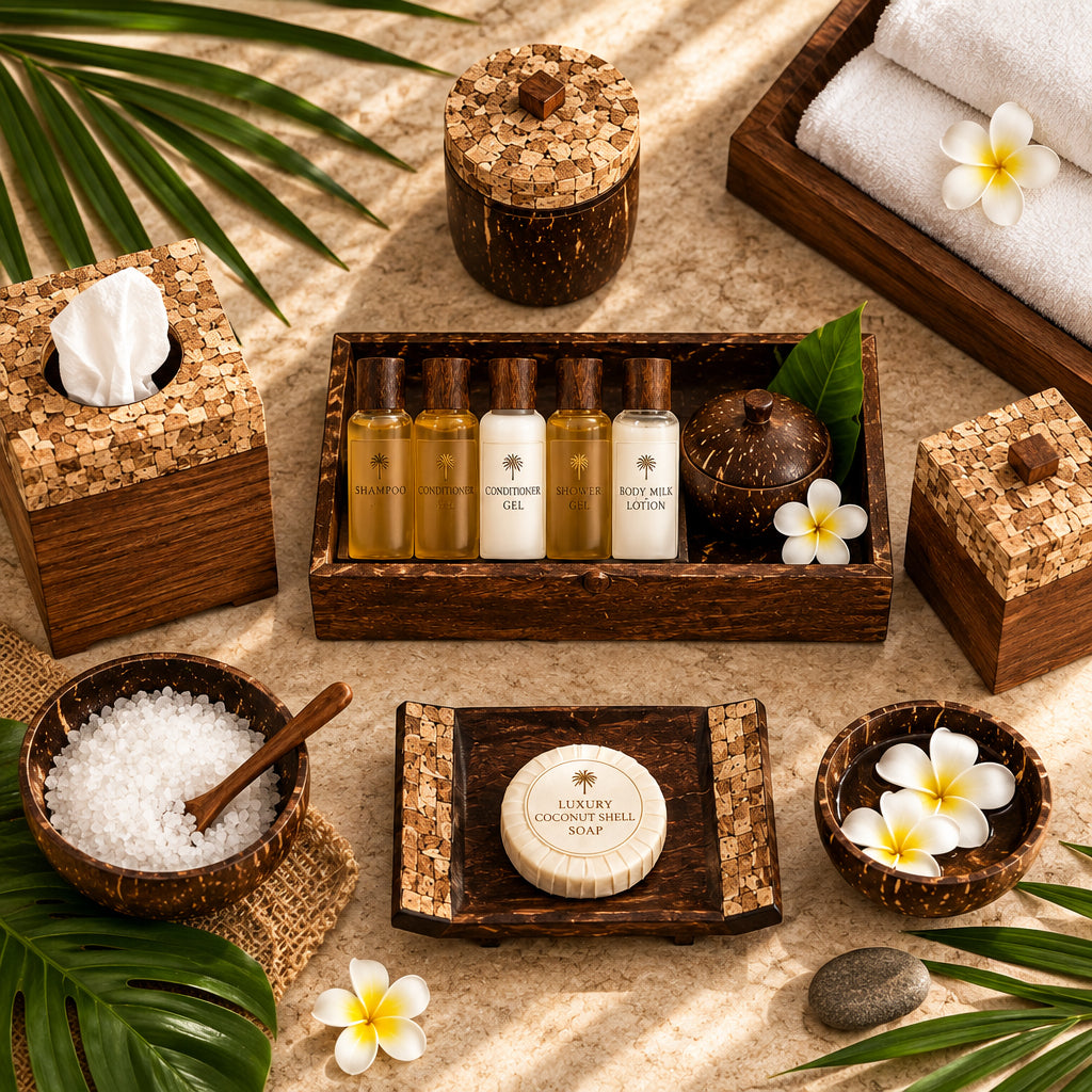 A coconut shell bathroom vanity set arranged on a countertop, including tissue boxes, soap dish, bowls, and accessories.