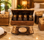 A luxury coconut shell bathroom set, including a tissue box, a soap dish with a bar of soap, a cylindrical brush container, and a lidded box, all in warm brown wood with coconut shell patterned tops. 