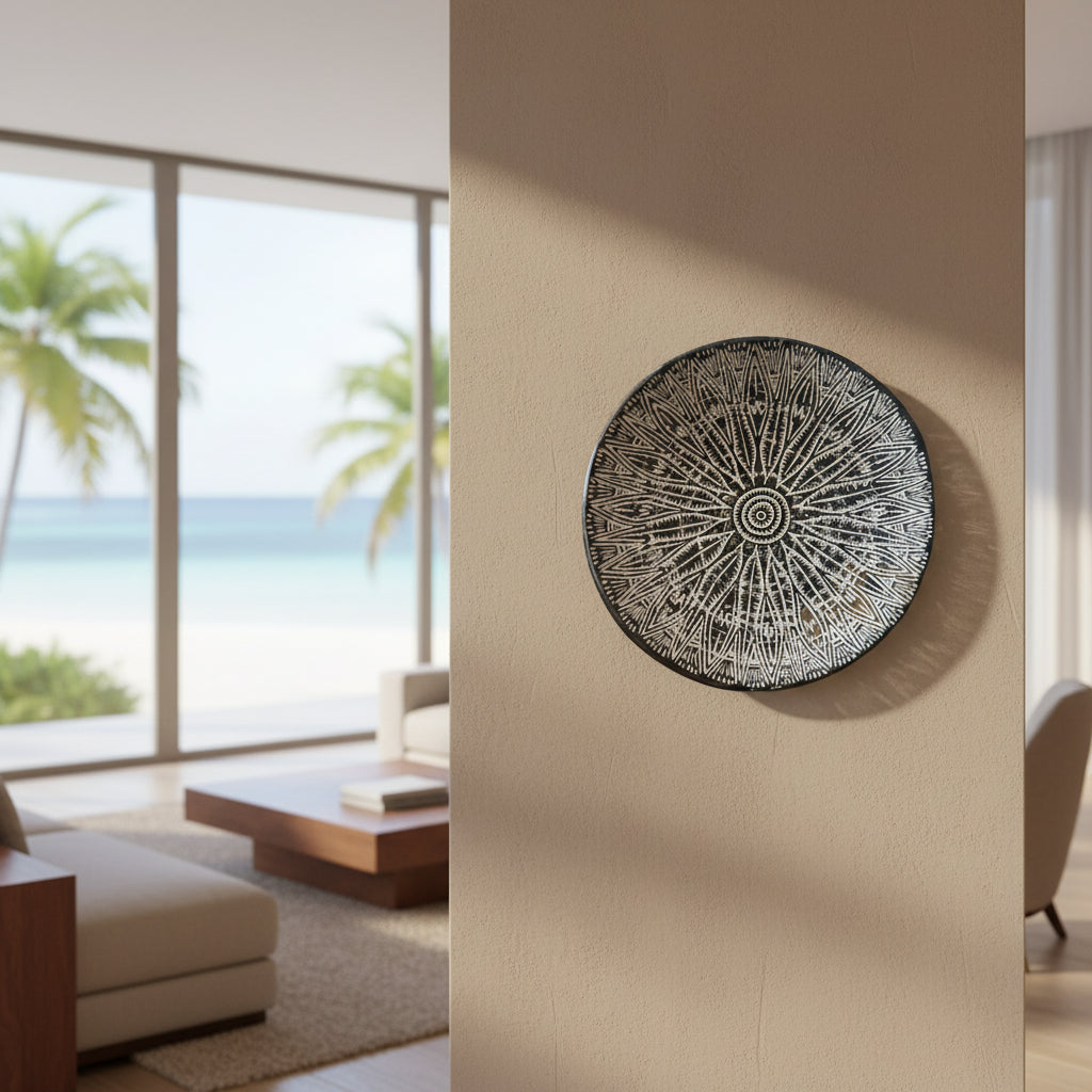 A hand-carved wooden decorative plate with a geometric pattern, predominantly in a black and white color palette.