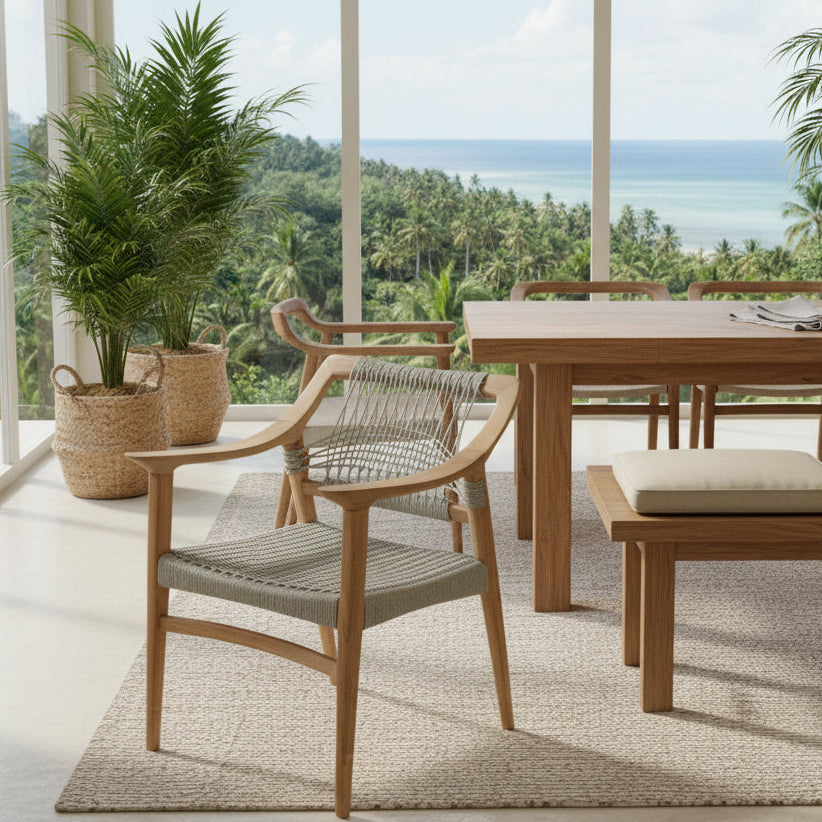 Dining area with wooden furniture and a view of the ocean and palm trees.
