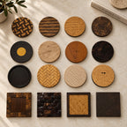 A collection of various natural wood,rattan, shell patterns, including herringbone, striped, and solid grain finishing products.
