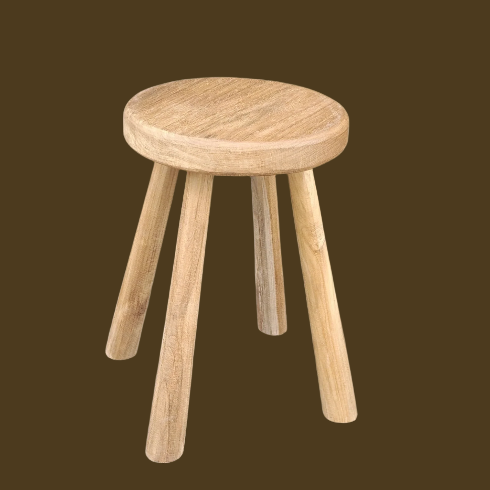 A simple wooden stool made of recycled teak wood, with a flat round seat and three sturdy legs.