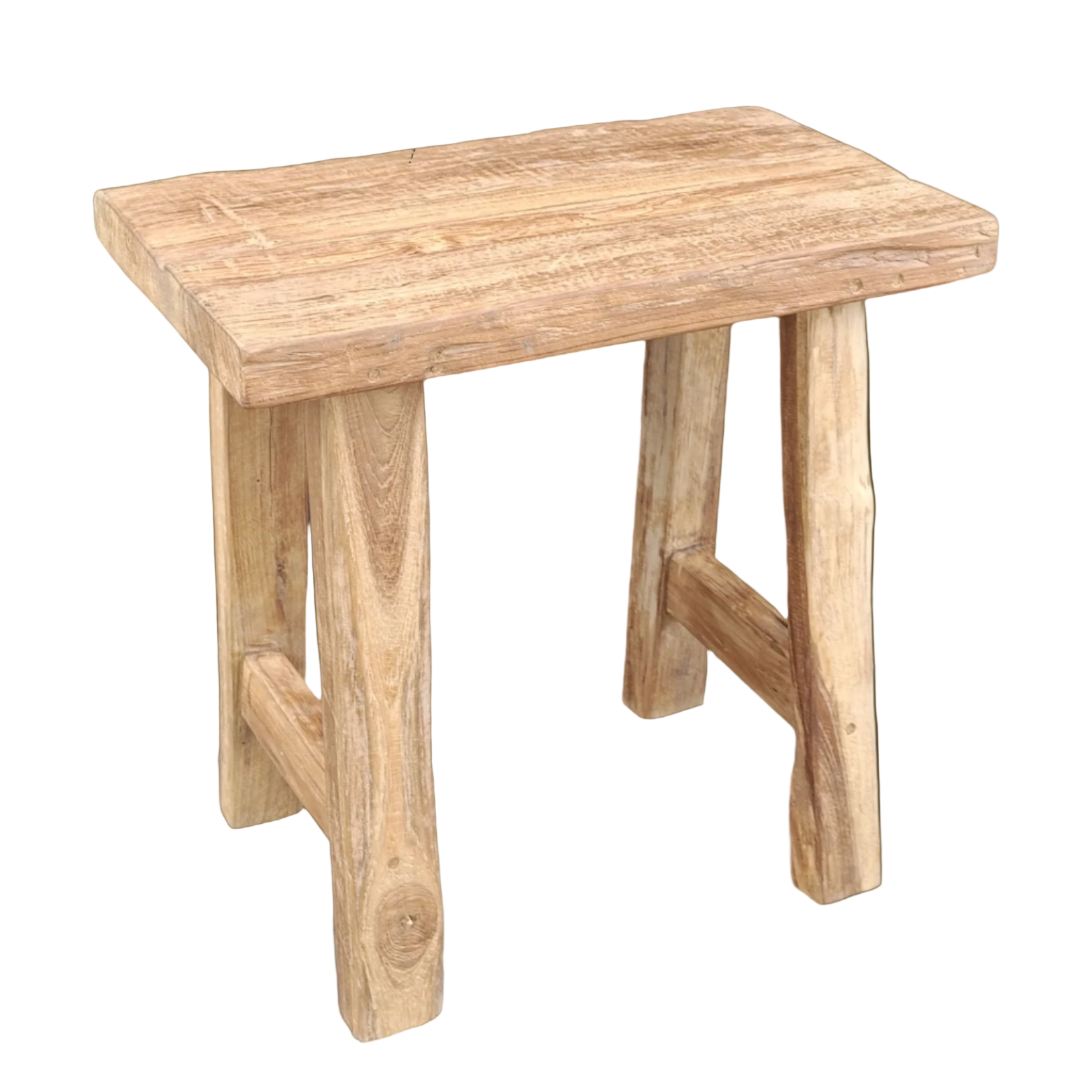 A recycled teak wood bench with a natural beeswax finish.