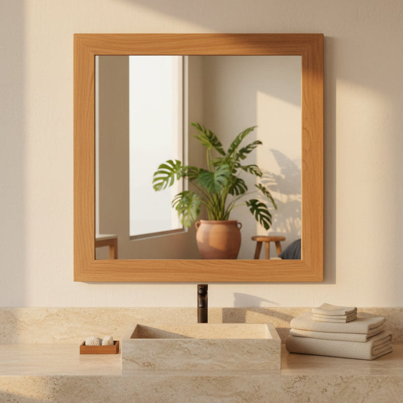 Large teak wooden-framed mirror reflecting a bedroom interior with a bed and decor.