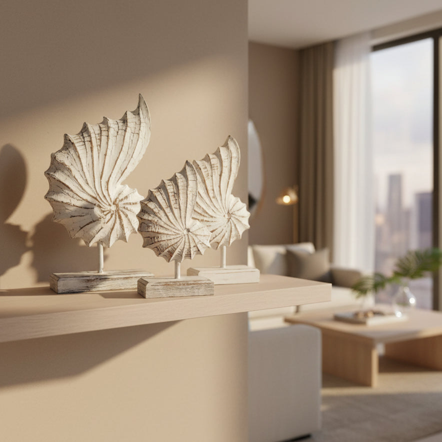 Decorative seashell sculptures on stands with a white background
