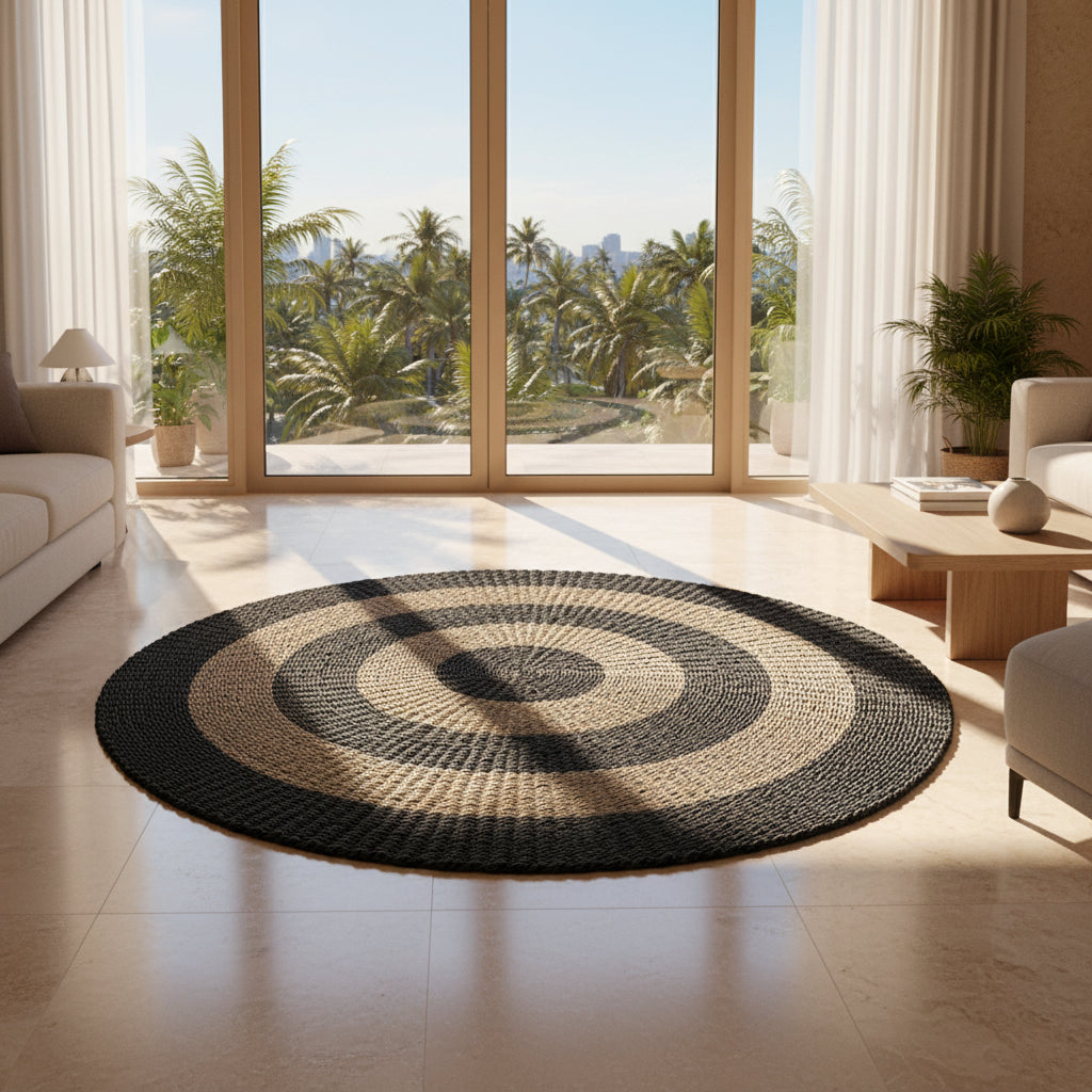 A round natural carpet rug with a beige and black striped pattern, handwoven from natural fibers.