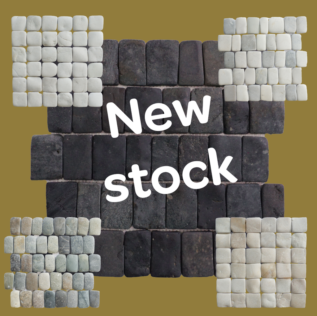 Mosaic pattern with 'New stock' text on a brown background