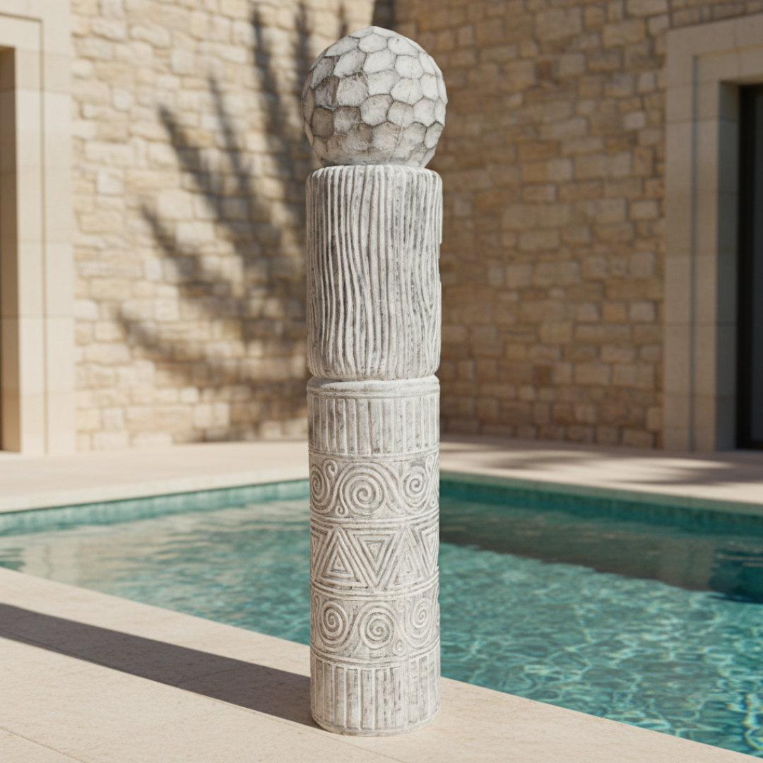 Decorative stone column with spherical top by a poolside.