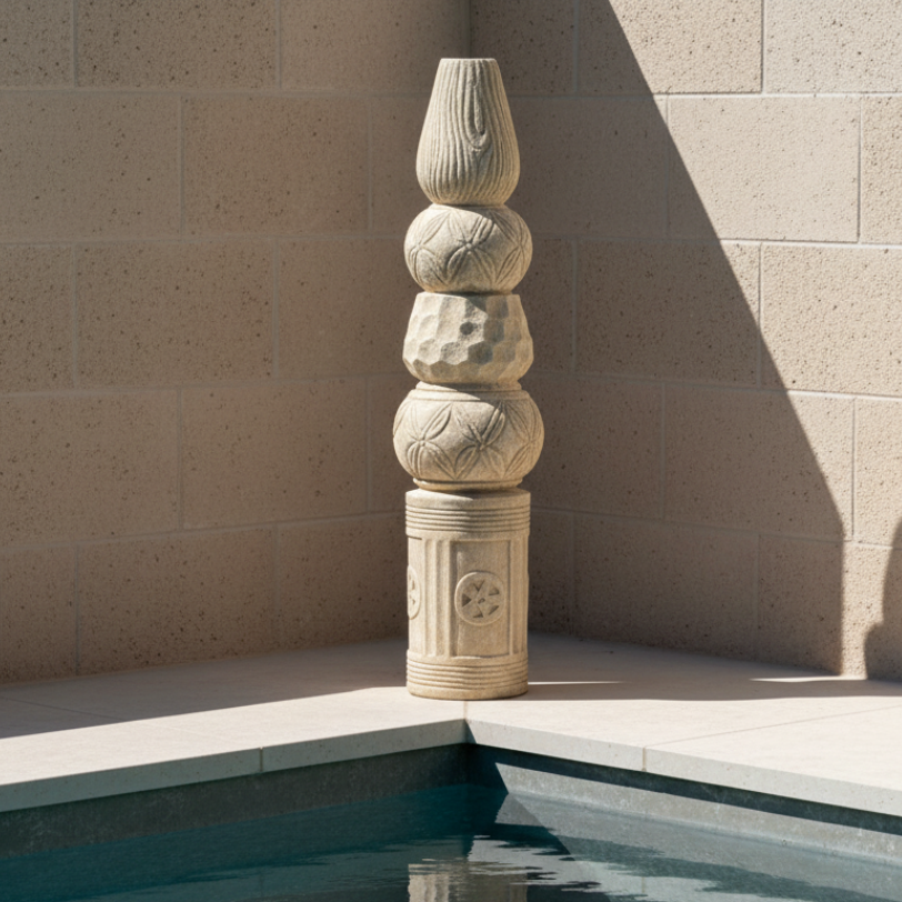 Decorative column by a pool with a beige wall in the background