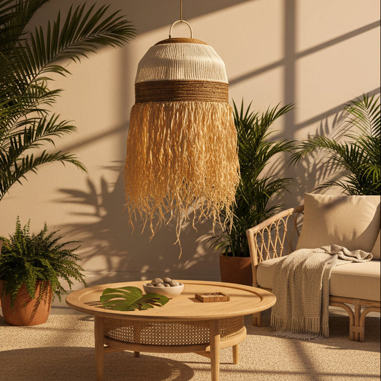 A bohemian-style woven pendant light with a natural straw fringe hangs over a round wooden coffee table in a sunlit living room with potted palm plants and neutral-toned furniture.