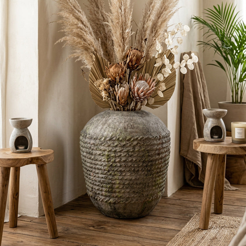 rustic retro vintage pottery in warm Livingroom