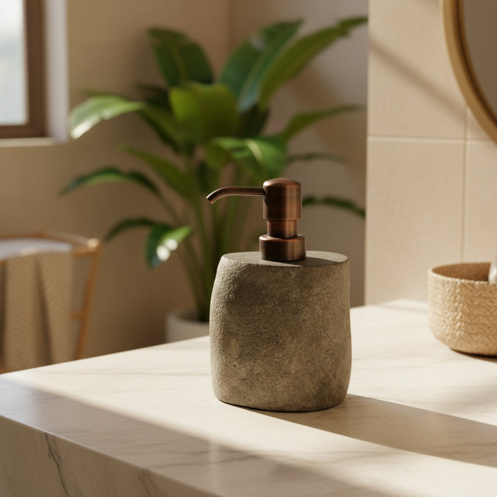 Soap dispenser with stone base and bronze pump on a light background