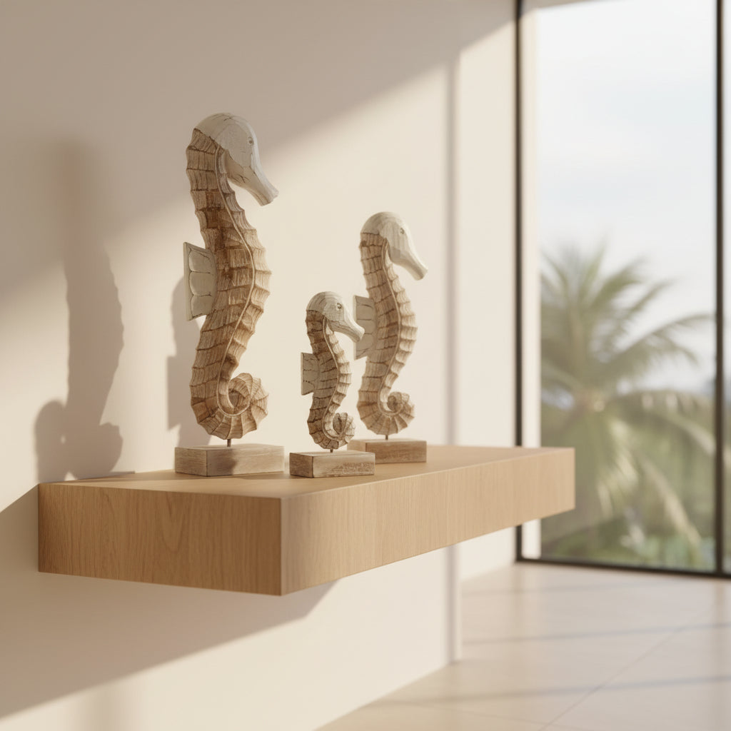 Three wooden seahorse sculptures on a shelf with a window in the background