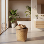Woven laundry basket with wooden lid
