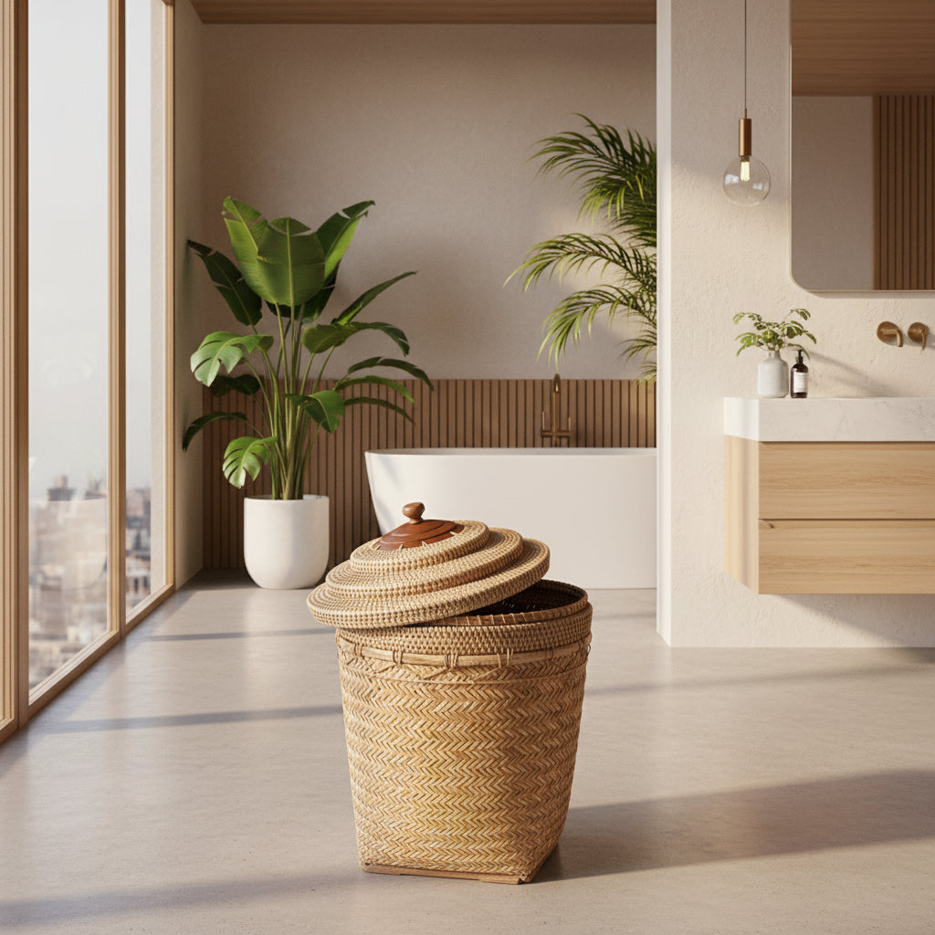 Woven laundry basket with wooden lid