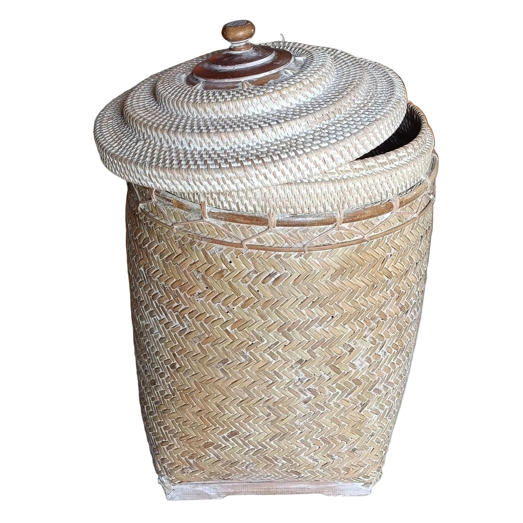 Woven laundry basket with a wooden lid