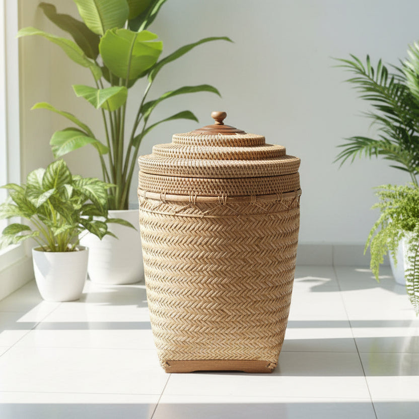 Woven storage basket with a lid on a white surface with plants in the background