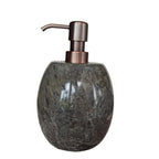Soap dispenser with bronze pump and stone-like body.