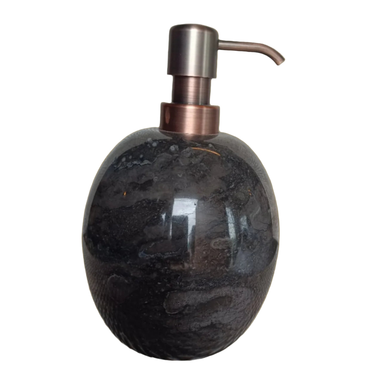 Black marble soap dispenser with copper pump.