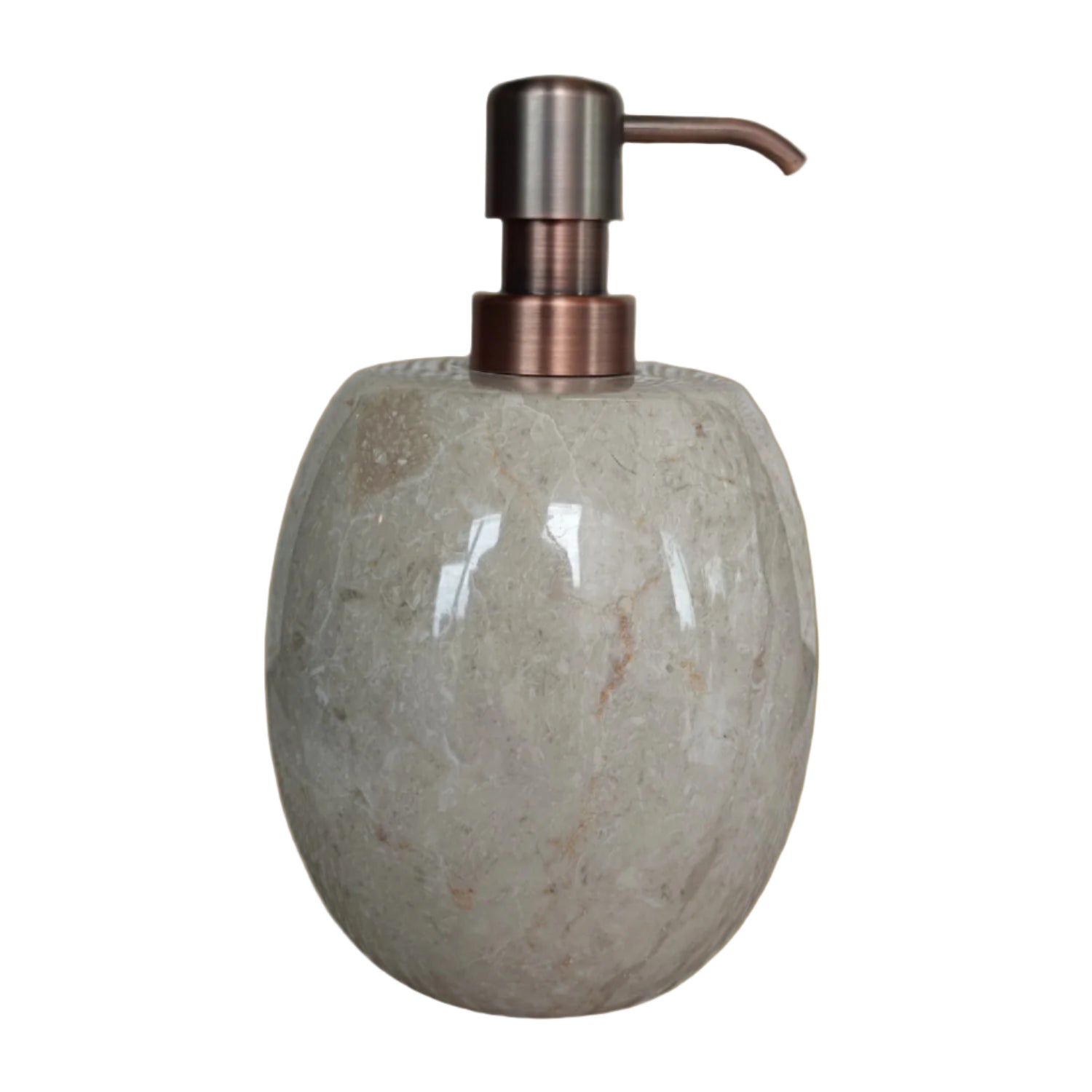 Soap dispenser with marble-like texture and copper pump.