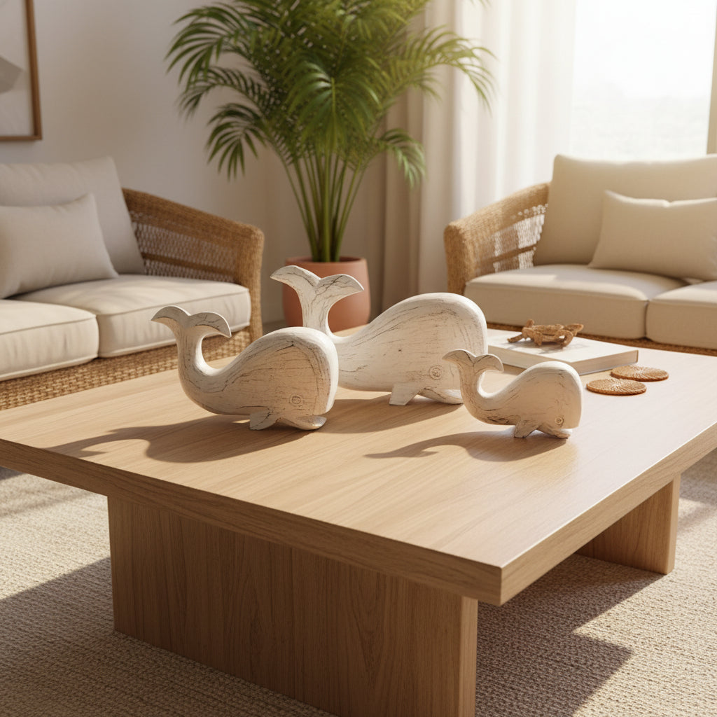 Three wooden whales on teak coffee table of Phuket Villa