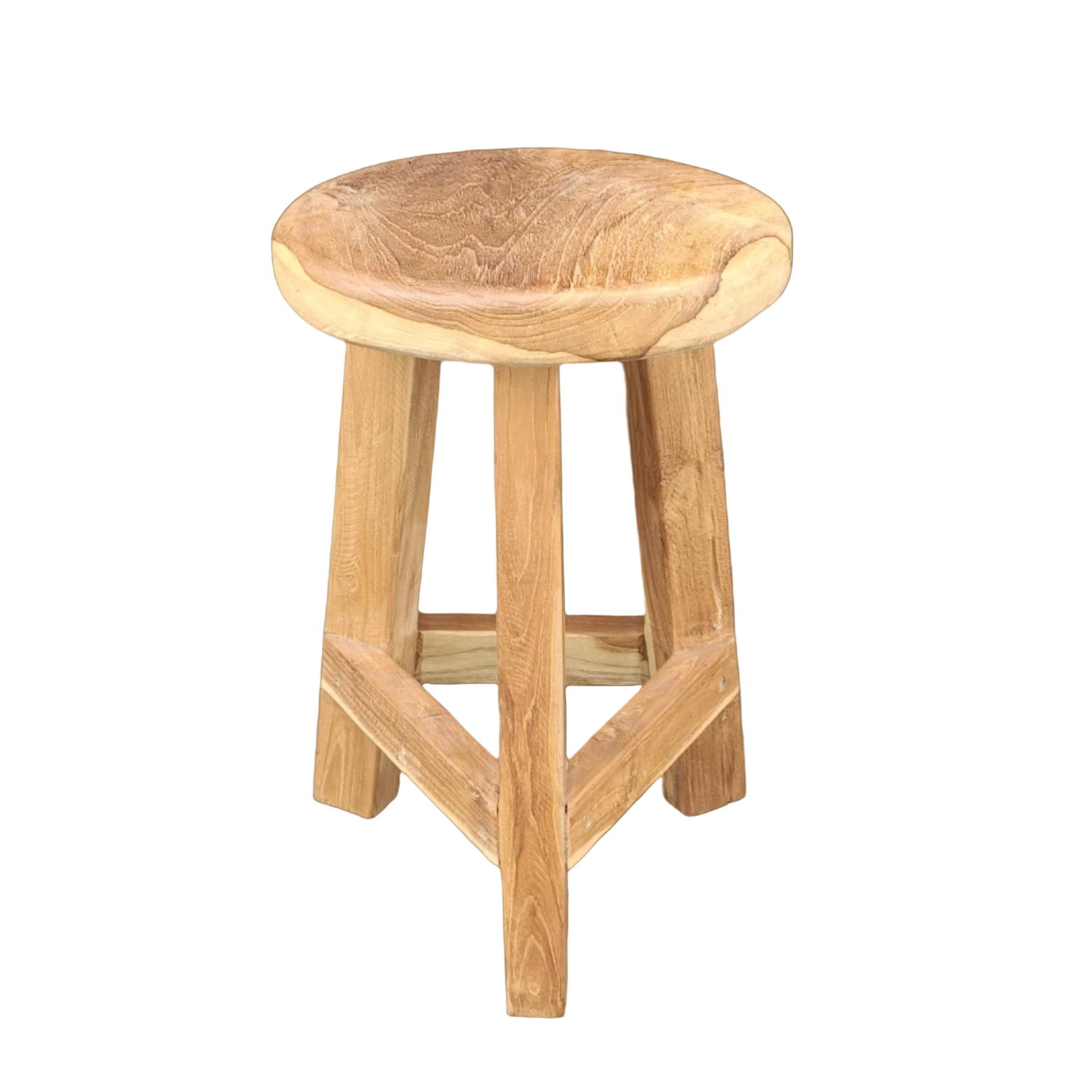 A recycled teak wood stool with a natural finish.