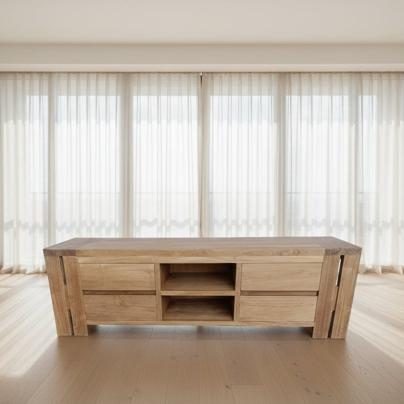 Teak wood TV console with 4 drawers and 2 shelves.
