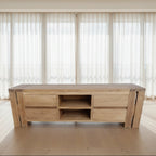 Teak wood TV console with 4 drawers and 2 shelves.
