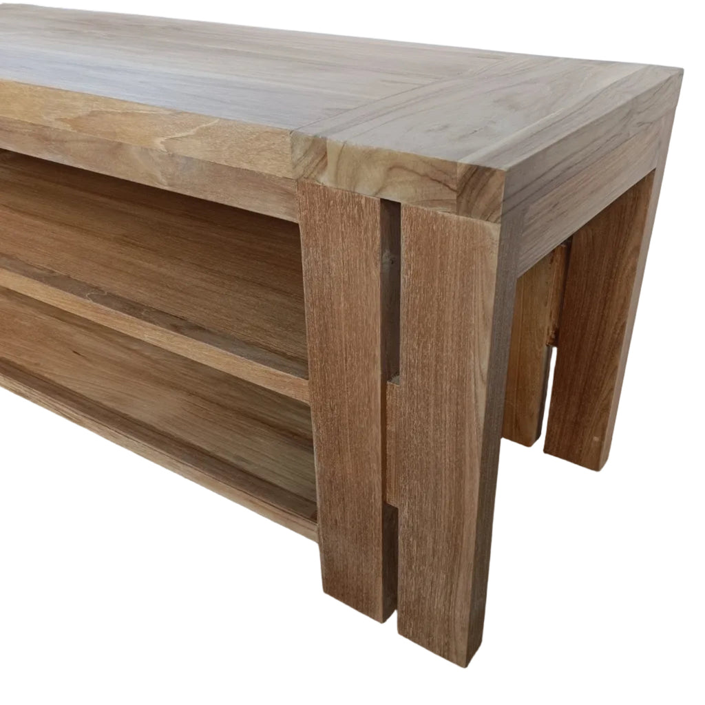 Teak wooden console table with shelves.