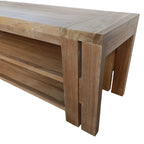 Teak wooden console table with shelves.