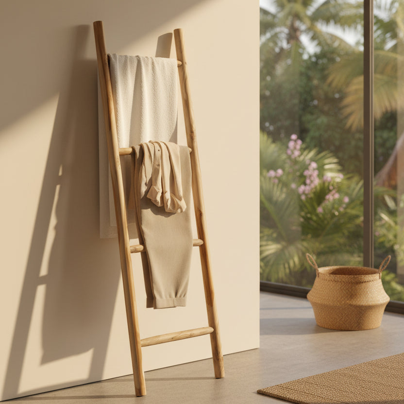 Teak Decorative Ladder — Towel & Clothes Rack in sunlite bedroom with garden ad background
