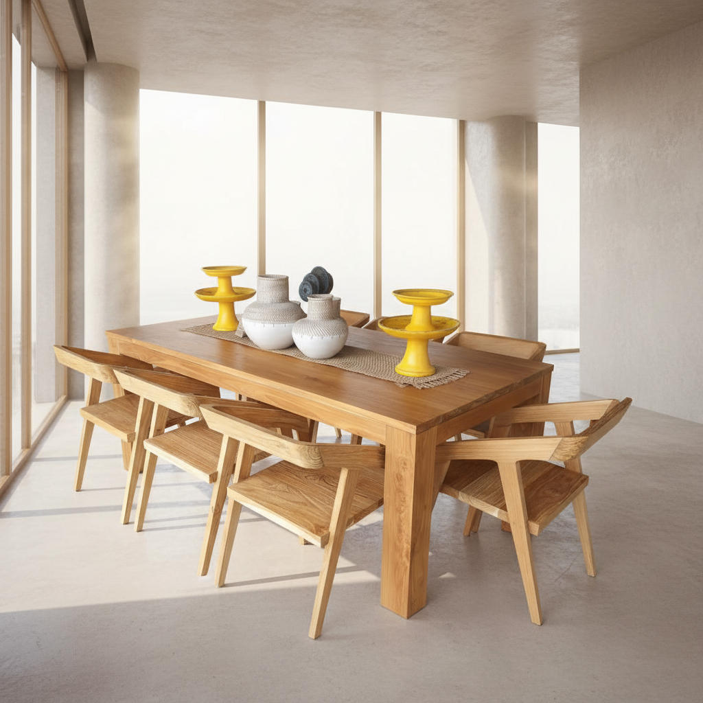 A rectangular teak dining table with brass hardware, accompanied by matching chairs, set against a dark textured background.